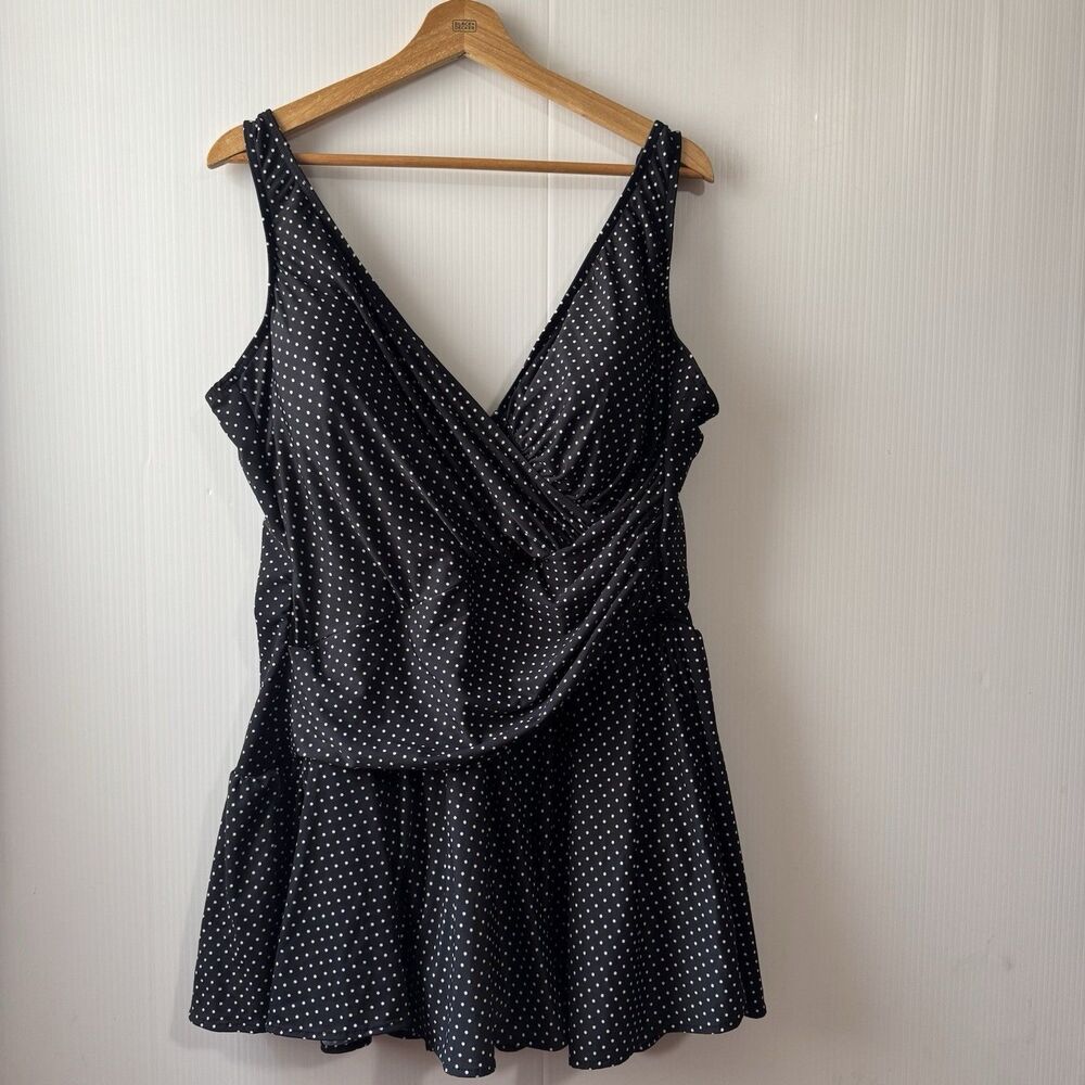Miraclesuit 24W Plus Size Polka Dot One Piece Swim Suit Dress Slimming Skirted